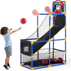 JOYIN Arcade Basketball Game Set with 4 Balls and Hoop for Kids 3 to 12 Years Old Indoor Outdoor Sport Play – Easy Set Up – Air Pump Included – Ideal for Competition
